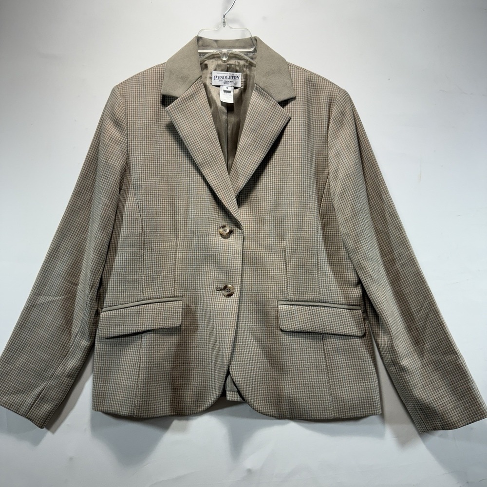 Pendleton Blazer Jacket Womens 12 Beige Houndstooth Wool Suede Collar